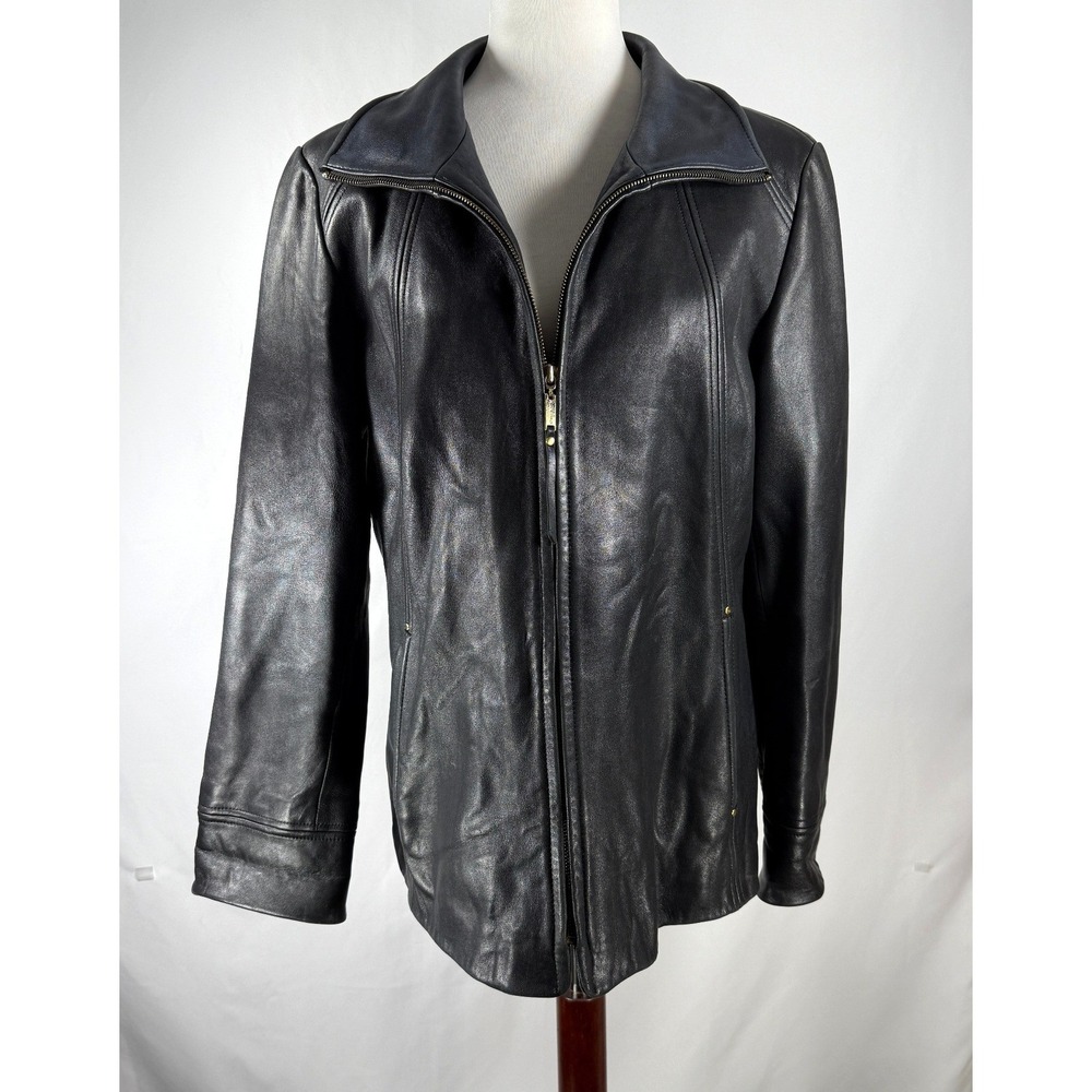 Ellen Tracy Womens Black Leather Zip Front Jacket Size L Funnel Collar Old Money
